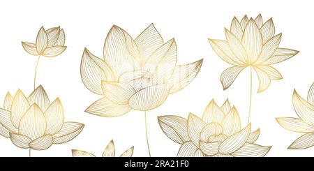 Motif doré de luxe vectoriel, illustration lotus, fleurs dessinées à la main pour l'emballage, post sur les médias sociaux, couverture, bannière, post-création et art mural Illustration de Vecteur