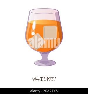 Whisky dans un verre avec glace. Illustration vectorielle. Arrière-plan blanc isolé. Illustration de Vecteur