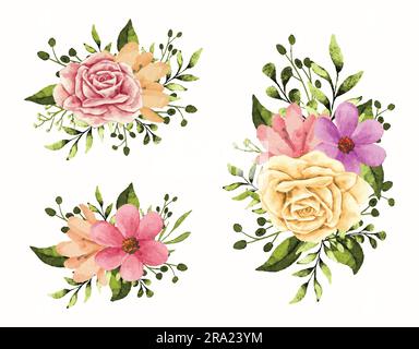 Lot de fleurs de mariage bouquet de branches avec rose, lin et feuilles vertes dans le style aquarelle Illustration de Vecteur