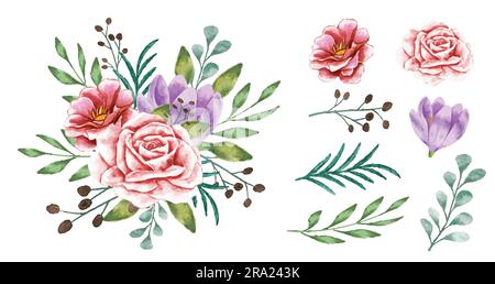 Bouquet de bordure florale avec fleurs isolées et feuilles aquarelle peinture vector design Illustration de Vecteur