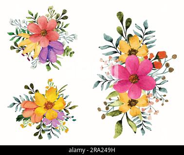 Ensemble de bouquet de branches florales aquarelle avec fleurs et feuilles pour le motif carte Illustration de Vecteur