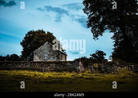 Une ferme en pierre abandonnée située dans la campagne irlandaise, entourée de champs verdoyants et luxuriants Banque D'Images