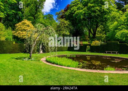 La paisible transité des eaux fixes dans le jardin circulaire de la piscine à KNightshayes court, n ° Tiverton, Devon, Angleterre, Royaume-Uni Banque D'Images