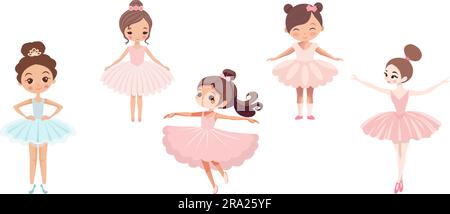 Princesses de ballerine de dessin animé, personnages mignons de danseuses de filles. Fille en robe tutu. Élèves de classe de ballet dans l'ensemble vectoriel de poses de danse. Les enfants en belle Illustration de Vecteur