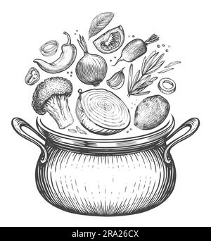 Casserole avec ingrédients de légumes frais isolés. Aliments biologiques sains et cocotte. Illustration de l'esquisse Banque D'Images