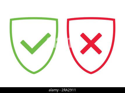 Bouclier vert et rouge avec coche OK et symbole de croix X, illustration vectorielle Illustration de Vecteur