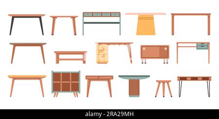 Ensemble de tables différentes, classique, moderne, bureau. Isolé sur un fond blanc. Illustration à plat à vecteur de dessin animé Illustration de Vecteur