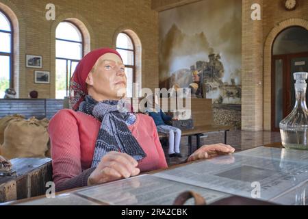 Grande récréation, diorama des Ouzbeks dans l'ancien train, salle d'attente de la gare. Une femme interrogée par un soldat. Au Shon Sharaf Great Patr Banque D'Images