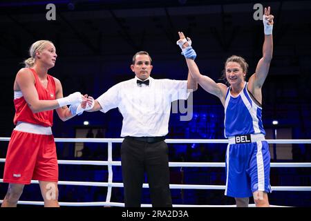 Cracovie, Pologne. 30th juin 2023. L'athlète de boxeur Oshin Derieuw célèbre après avoir remporté un combat en demi-finale lors de la compétition de boxe féminine -66kg aux Jeux européens de Cracovie, en Pologne, le vendredi 30 juin 2023. Les Jeux européens de 3rd, officieusement connus sous le nom de Cracovie-Malopolska 2023, sont des manifestations sportives internationales prévues du 21 juin au 02 juillet 2023 à Cracovie et à Malopolska, en Pologne. BELGA PHOTO LAURIE DIEFFEMBACQ crédit: Belga News Agency/Alay Live News Banque D'Images