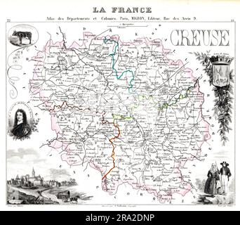 Carte de la Creuse depuis la France et ses colonies. Atlas illustré cent cartes Dressees d'APRES la cartes de Cassini, 1869 Banque D'Images