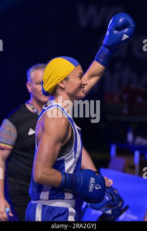 Cracovie, Pologne. 30th juin 2023. Le Boxer belge Oshin Derieuw réagit avant un combat en demi-finale lors de la compétition de boxe féminine -66kg aux Jeux européens de Cracovie, en Pologne, le vendredi 30 juin 2023. Les Jeux européens de 3rd, officieusement connus sous le nom de Cracovie-Malopolska 2023, sont des manifestations sportives internationales prévues du 21 juin au 02 juillet 2023 à Cracovie et à Malopolska, en Pologne. BELGA PHOTO LAURIE DIEFFEMBACQ crédit: Belga News Agency/Alay Live News Banque D'Images