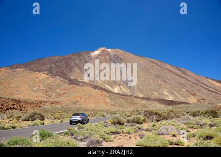 Espagne, îles Canaries, Tenerife, Parc national du Teide classé au patrimoine mondial de l'UNESCO, route TF 21 au pied du volcan Teide, le sommet espagnol le plus élevé culminant culminant à 3718 mètres Banque D'Images