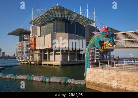 Portugal, Lisbonne, Parque das Nacoes (Parc des Nations) Construit pour l'exposition universelle de Lisbonne 98 ou 1998, Oceanario (Oceanarium), conçu par la firme d'architecture Cambridge Seven Associates et l'architecte américain Peter Chermayeff, dragon de mer de 60 mètres de long, fabriqué à partir de bouteilles en plastique par le collectif Skeleton Sea Banque D'Images