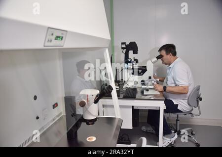 16 février 2023, Lviv, Ukraine : un médecin travaille au Département des techniques de reproduction assistée de Lviv. Le Ministère effectuera la cryoconservation et le stockage des embryons et des cellules germinales gratuitement, et les stockera pour une utilisation ultérieure dans les programmes de traitement de l'infertilité. En particulier, il sera mis à la disposition du personnel militaire qui combat pendant la guerre russo-ukrainienne. Selon les statistiques, chaque cinquième couple marié en Ukraine est désormais stérile. Ce département a été ouvert au Centre régional de périnatalité clinique de Lviv. (Credit image: © Pavlo Palamarchuk/SOPA Images via ZUMA Press Banque D'Images