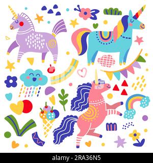 Ces adorables licornes sont décorées dans un style scandinave. Collection Magic Horses avec des arcs-en-ciel, des coeurs, des étoiles et des éléments. Illustration vectorielle isolée. Pour Illustration de Vecteur