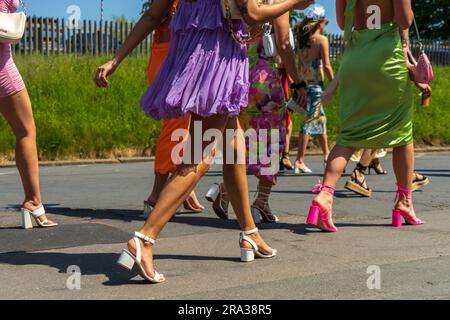 Femmes élégantes, femmes méconnaissables, marchez jusqu'à l'entrée de l'hippodrome le jour de la course en Angleterre. Les courses hippiques sont un sport populaire et nécessitent une tenue vestimentaire appropriée. Banque D'Images