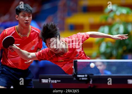 Zagreb, Croatie. 30th juin 2023. Liang Yanning, Xue FEI de la Chine rivalisent contre Kwan Man Ho, Li Hon Ming de Hong Kong pendant le WTT concourir Zagreb 2023 hommes double quart de finale au Dom Sportova à Zagreb, Croatie sur 30 juin 2023. Photo: Igor Kralj/PIXSELL crédit: Pixsell/Alay Live News Banque D'Images