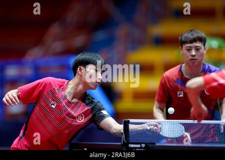 Zagreb, Croatie. 30th juin 2023. Liang Yanning, Xue FEI de la Chine rivalisent contre Kwan Man Ho, Li Hon Ming de Hong Kong pendant le WTT concourir Zagreb 2023 hommes double quart de finale au Dom Sportova à Zagreb, Croatie sur 30 juin 2023. Photo: Igor Kralj/PIXSELL crédit: Pixsell/Alay Live News Banque D'Images