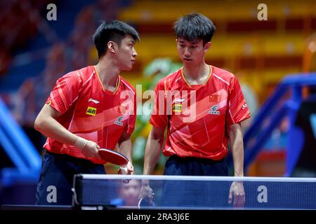 Zagreb, Croatie. 30th juin 2023. Liang Yanning, Xue FEI de la Chine rivalisent contre Kwan Man Ho, Li Hon Ming de Hong Kong pendant le WTT concourir Zagreb 2023 hommes double quart de finale au Dom Sportova à Zagreb, Croatie sur 30 juin 2023. Photo: Igor Kralj/PIXSELL crédit: Pixsell/Alay Live News Banque D'Images