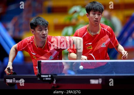 Zagreb, Croatie. 30th juin 2023. Liang Yanning, Xue FEI de la Chine rivalisent contre Kwan Man Ho, Li Hon Ming de Hong Kong pendant le WTT concourir Zagreb 2023 hommes double quart de finale au Dom Sportova à Zagreb, Croatie sur 30 juin 2023. Photo: Igor Kralj/PIXSELL crédit: Pixsell/Alay Live News Banque D'Images