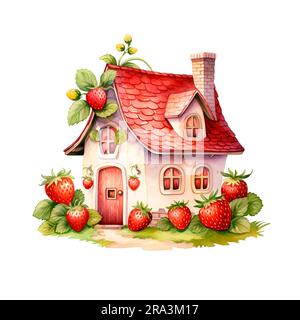 Aquarelle fraise maison. Illustration mignonne avec une petite maison dans les feuilles, la conception de cartes et plus encore. Banque D'Images