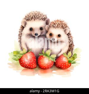 Mignon couple de hérissons et Strawberry. Style cottagecore d'été. Illustration aquarelle isolée sur fond blanc Banque D'Images