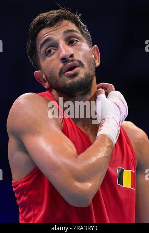 Cracovie, Pologne. 30th juin 2023. Le boxeur Vasile Usturi semble abattu après un combat en demi-finale de la compétition de boxe hommes -57kg aux Jeux européens de Cracovie, en Pologne, le vendredi 30 juin 2023. Usturoi se rend en demi-finale et se qualifie pour les Jeux Olympiques de Paris 2024. Les Jeux européens de 3rd, officieusement connus sous le nom de Cracovie-Malopolska 2023, sont des manifestations sportives internationales prévues du 21 juin au 02 juillet 2023 à Cracovie et à Malopolska, en Pologne. BELGA PHOTO LAURIE DIEFFEMBACQ crédit: Belga News Agency/Alay Live News Banque D'Images