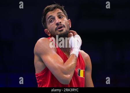 Cracovie, Pologne. 30th juin 2023. Le boxeur Vasile Usturi semble abattu après un combat en demi-finale de la compétition de boxe hommes -57kg aux Jeux européens de Cracovie, en Pologne, le vendredi 30 juin 2023. Usturoi se rend en demi-finale et se qualifie pour les Jeux Olympiques de Paris 2024. Les Jeux européens de 3rd, officieusement connus sous le nom de Cracovie-Malopolska 2023, sont des manifestations sportives internationales prévues du 21 juin au 02 juillet 2023 à Cracovie et à Malopolska, en Pologne. BELGA PHOTO LAURIE DIEFFEMBACQ crédit: Belga News Agency/Alay Live News Banque D'Images