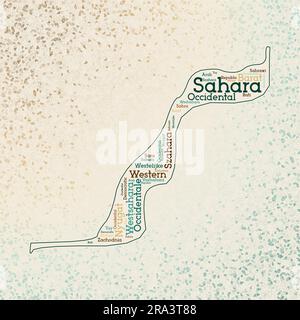 Forme Sahara Occidental avec noms de pays nuage de mots en plusieurs langues. Carte de la frontière du Sahara Occidental sur des triangles rayonnants dispersés autour. Illustration de Vecteur