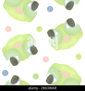 Motif sans couture avec des visages de grenouille vert drôles et des cercles colorés. Illustration aquarelle surlignée sur fond blanc. UN ENSEMBLE DE VISAGES D'ANIMAUX Banque D'Images
