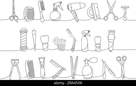 Ensemble d'outils de salon de coiffure, dessin continu sur une ligne. Brosse à maquillage, tondeuse à cheveux, peigne, lame de rasoir aiguisée, lisseur, ciseaux, sèche-cheveux Illustration de Vecteur