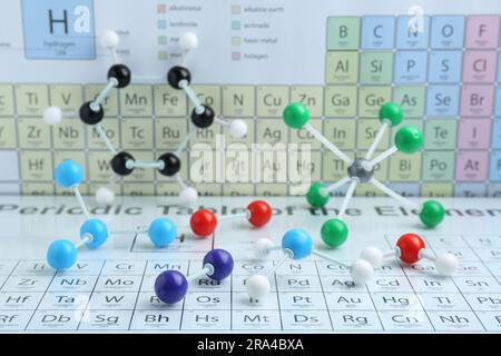 Modèles moléculaires sur tableau périodique des éléments chimiques Banque D'Images