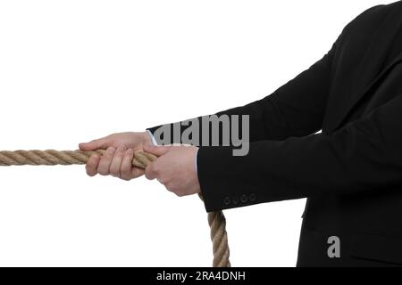 Concept de litige. Homme tirant la corde sur fond blanc, gros plan Banque D'Images