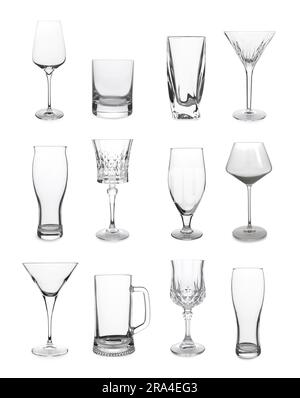 Collage avec différents verres vides sur fond blanc Banque D'Images