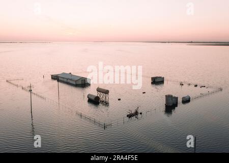 Les ranchs inondés et le matériel agricole couvrent une vaste étendue de la vallée centrale de Californie. Le lac Tulare était autrefois le plus grand plan d'eau douce de l'Ouest américain. Il s’est asséché il y a un siècle après que ses affluents aient été damés, dikés et détournés et que le lit du lac ait été converti en une des terres agricoles les plus fertiles et productives de Californie. En 2023, le lac Tulare a fait une réapparition surprise après un hiver de pluies exceptionnellement fortes, inondant quelque 180 000 kilomètres carrés de terres agricoles dans la vallée centrale. Les experts croient qu'il faudra peut-être deux ou trois ans pour que les eaux inondées se soient retirées. Banque D'Images