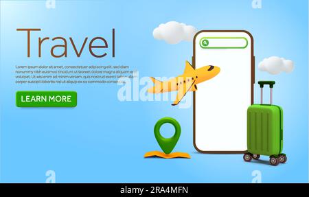 smartphone 3d avec boîte de recherche, avion, nuages, marqueur de carte, valise ou bagage. Concept de bannière avec texte et CTA pour voyage, voyage, été, vacances, réservation, resort, hôtel. illustration vectorielle 3d. Illustration vectorielle Illustration de Vecteur