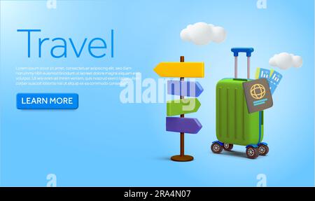 valise 3d ou bagage avec passeports, panneau de rue ou de route, nuage, isolé sur fond. Concept de bannière pour Voyage dans le monde, voyage, été, vacances, réservation, resort, hôtel. illustration vectorielle 3d. Illustration vectorielle Illustration de Vecteur