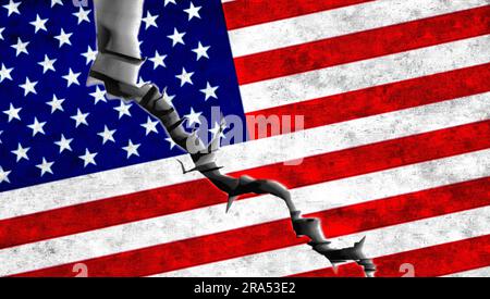 Drapeau américain sur fond de mur fissuré. États-Unis d'Amérique crise, division politique, guerre, concept de conflits. Banque D'Images