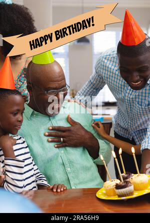 Composite de texte de joyeux anniversaire sur père afro-américain, fils célébrant l'anniversaire de l'homme âgé Banque D'Images