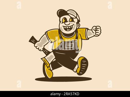 Mascotte dessin de personnage de courir graisse lumberjack tenant hache, dessin dans le style vintage Illustration de Vecteur