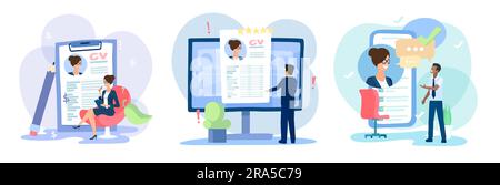 Concept du processus d'embauche et de recrutement. Ensemble vectoriel de responsables RH recherchant des candidats potentiels à un poste, écrivant un CV et postulant à un poste vacant Illustration de Vecteur
