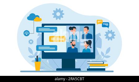 Vecteur de personnes ayant un appel de conférence en ligne sur un ordinateur de bureau Illustration de Vecteur