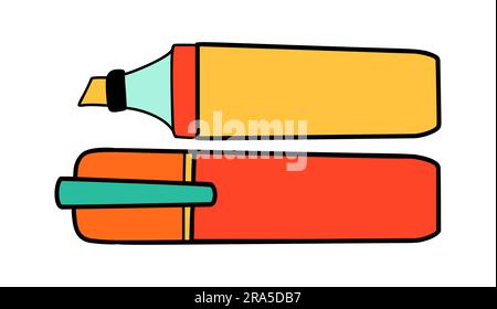 Marqueurs de dessin animé de couleur d'école dans le style rétro Doodle. Articles de papeterie pour la rentrée élément audacieux lumineux. Fournitures classiques pour l'éducation ou le bureau des enfants Illustration de Vecteur