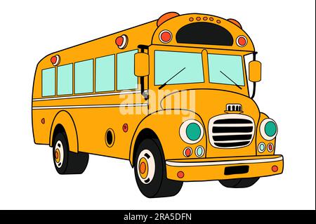 Dessin animé Yellow School bus dans un style rétro. Retour à l'école, vue de trois quarts. Voiture américaine classique pour le transport éducatif des enfants Illustration de Vecteur