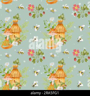 Un renard près d'une ruche avec des fleurs. Motif aquarelle sans coutures avec abeilles et renard. Design pour enfants. L'illustration est dessinée à la main Banque D'Images