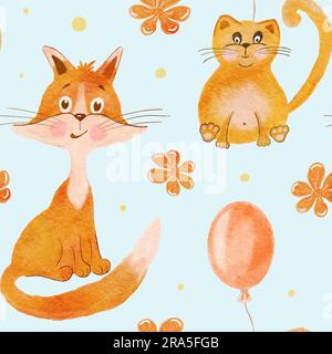 Chat et renard rouge joyeux avec fleurs et ballon. Motif enfant sans couture avec animaux. L'illustration est dessinée à la main. Banque D'Images