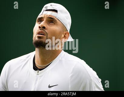 Londres, Royaume-Uni. 01st juillet 2023. L'australien Nick Kyrgios réagit lors d'une séance d'entraînement avant le tournoi de tennis de Wimbledon en 2023 au All England tennis Club, dans le sud-ouest de Londres, en Grande-Bretagne, le samedi 01 juillet 2023. BELGA PHOTO BENOIT DOPPAGNE crédit: Belga News Agency/Alay Live News Banque D'Images