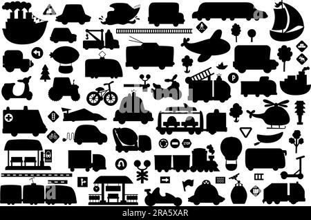 Jeu de silhouettes de transport vectoriel. Collection d'icônes noires avec différents types de transport. Illustrations de l'ombre de la route avec bus, voiture, boa Illustration de Vecteur