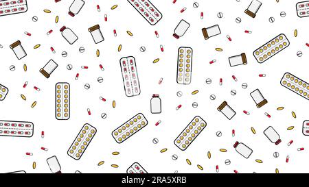 Texture sans couture de la médecine répétitive sans fin comprimés dragee capsules enregistre des boîtes de boîtes avec des médicaments vitamines médicaments médicaments sur un b blanc Illustration de Vecteur