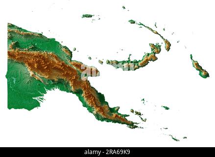 Papouasie-Nouvelle-Guinée. Rendu 3D très détaillé d'une carte de relief ombrée avec rivières et lacs. Coloré par élévation. Arrière-plan blanc pur. Données satellite. Banque D'Images